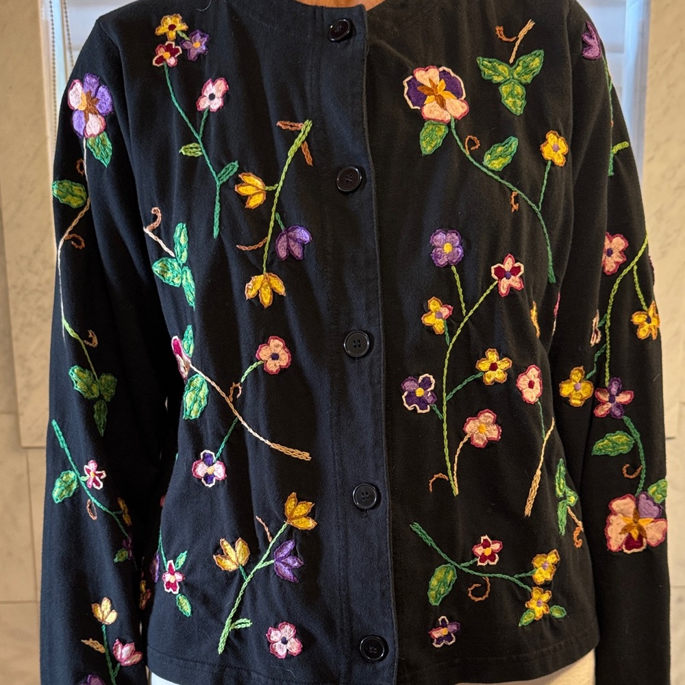 Michael Simon Black Jacket with Colorful Floral Embroidery